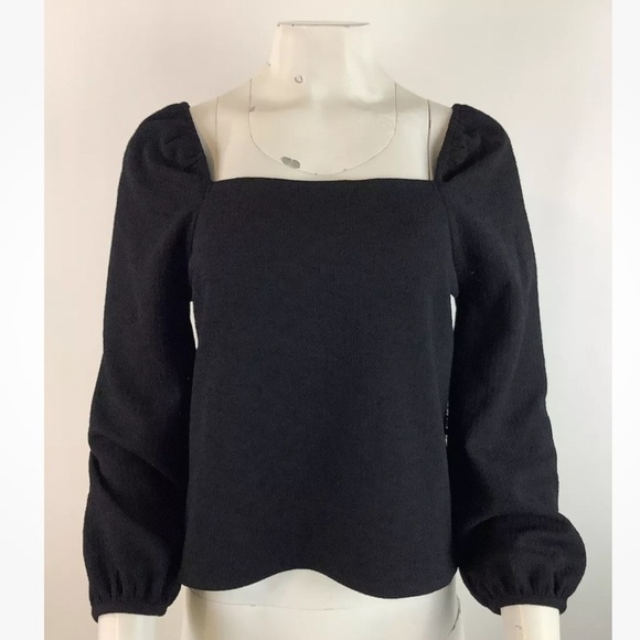Madewell Sz S Crepe Square Neck Puff Sleeve Top Black Polyester Off Shoulder - Picture 1 of 7